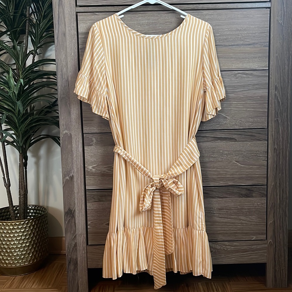 Yellow & White Stripped Dress with Tie